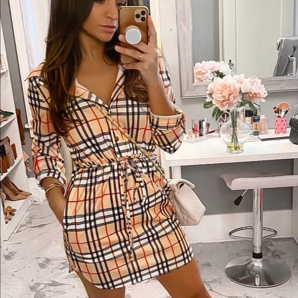 Berry Plaid Casual Mini Shirt Dress